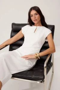 TRENDYOLMİLLA Ecru Lined Accessory Detailed Sleeveless Midi Flexible Weaving Dress - Image 2