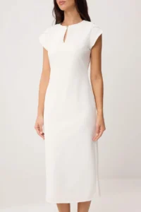 TRENDYOLMİLLA Ecru Lined Accessory Detailed Sleeveless Midi Flexible Weaving Dress - Image 3