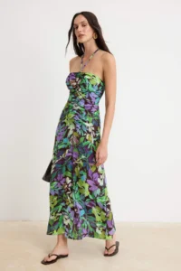 TRENDYOLMİLLA Burgundy-Multicolored Floral Ruffle Detailed Maxi Weaving Dress