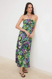 TRENDYOLMİLLA Burgundy-Multicolored Floral Ruffle Detailed Maxi Weaving Dress - Image 2