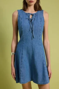 TRENDYOLMİLLA DARK BLUE Binding Detailed Mini DENIM Dress - Image 3