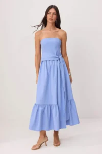 TRENDYOLMİLLA Mavi Floral Belted Gipelli Midi Weaving Dress