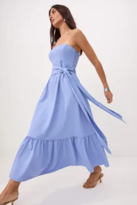 TRENDYOLMİLLA Mavi Floral Belted Gipelli Midi Weaving Dress - Image 2