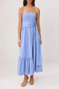 TRENDYOLMİLLA Mavi Floral Belted Gipelli Midi Weaving Dress - Image 3