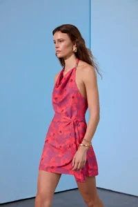 TRENDYOLMİLLA Limited Edition Pink Floral Off-Shoulder Neck Short / Mini Weaving Dress - Image 3
