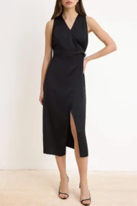 TRENDYOLMİLLA Black Accessory Detailed Double breasted Kapama Satin Midi Weaving Dress - Image 3
