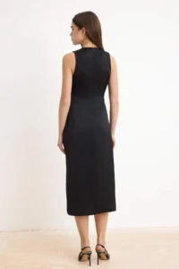 TRENDYOLMİLLA Black Accessory Detailed Double breasted Kapama Satin Midi Weaving Dress - Image 4