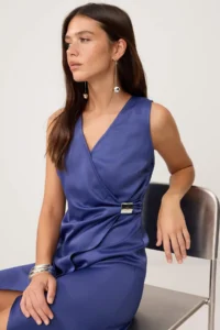 TRENDYOLMİLLA Petrol Accessory Detailed Double breasted Kapama Satin Midi Weaving Dress - Image 2