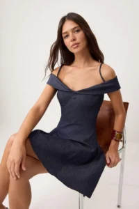 TRENDYOLMİLLA Navy Blue Carmen Collar Short / Mini Weaving Dress