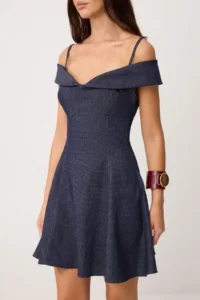 TRENDYOLMİLLA Navy Blue Carmen Collar Short / Mini Weaving Dress - Image 3