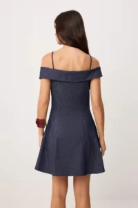 TRENDYOLMİLLA Navy Blue Carmen Collar Short / Mini Weaving Dress - Image 4