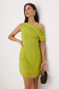 TRENDYOLMİLLA Oil Green Asymmetric Yaka Short / Mini Weaving Dress - Image 2