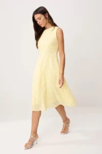TRENDYOLMİLLA Yellow Back Detailed embroidery Lined Midi Weaving Dress
