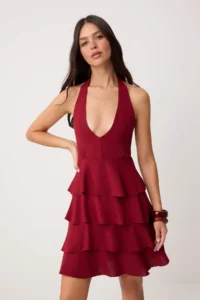 TRENDYOLMİLLA Burgundy with flywheel V-neck Short / Mini Weaving Dress