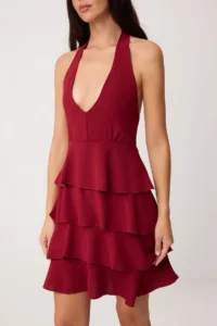 TRENDYOLMİLLA Burgundy with flywheel V-neck Short / Mini Weaving Dress - Image 3