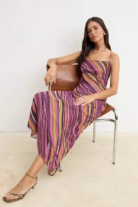 TRENDYOLMİLLA Multicolored Striped A-Cut/Life Form Cowl Neck Thin Sleeveless Sleeveless Tulle Knitting Dress