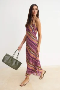 TRENDYOLMİLLA Multicolored Striped A-Cut/Life Form Cowl Neck Thin Sleeveless Sleeveless Tulle Knitting Dress - Image 2