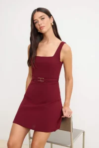 TRENDYOLMİLLA Burgundy Plain skater Square Neck Sleeveless Mini Scuba Crepe Knitting Dress