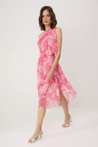 TRENDYOLMİLLA Pink Abstract skater Asymmetric Yaka Sleeveless Midi Tulle Lined Knitting Dress