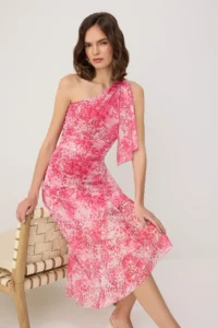 TRENDYOLMİLLA Pink Abstract skater Asymmetric Yaka Sleeveless Midi Tulle Lined Knitting Dress - Image 2