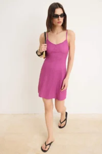 TRENDYOLMİLLA Purple Plain A-line V-neck Sleeveless Rope Sleeveless Mini textured Knitting Dress - Image 2