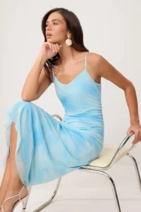 TRENDYOLMİLLA Light/Bebe Blue Abstract bodycon Sleeveless V-neck Sleeveless Tulle Knitting Dress - Image 2