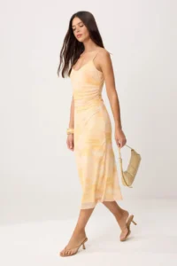 TRENDYOLMİLLA Yellow Abstract bodycon V-neck Sleeveless Maxi Tulle Lined Knitting Dress - Image 2