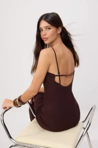TRENDYOLMİLLA Brown bodycon Square Neck Thin Sleeveless Sleeveless Tulle Knitting Dress - Image 2