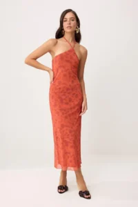 TRENDYOLMİLLA Orange Floral bodycon Barbell Neck Sleeveless Tulle Knitting Dress