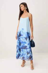 TRENDYOLMİLLA Mavi Floral Waist Opening Cowl Neck Thin Sleeveless Sleeveless Tulle Knitting Dress