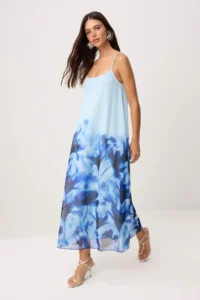 TRENDYOLMİLLA Mavi Floral Waist Opening Cowl Neck Thin Sleeveless Sleeveless Tulle Knitting Dress - Image 2