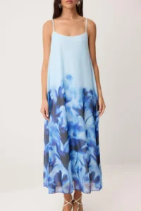 TRENDYOLMİLLA Mavi Floral Waist Opening Cowl Neck Thin Sleeveless Sleeveless Tulle Knitting Dress - Image 3