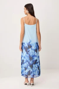 TRENDYOLMİLLA Mavi Floral Waist Opening Cowl Neck Thin Sleeveless Sleeveless Tulle Knitting Dress - Image 4