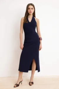 TRENDYOLMİLLA Navy Blue bodycon Barbell Neck Sleeveless Flexible Knitting Dress
