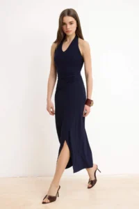 TRENDYOLMİLLA Navy Blue bodycon Barbell Neck Sleeveless Flexible Knitting Dress - Image 2