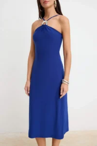 TRENDYOLMİLLA Saks Blue A-Cut/Life Form Barbell Neck Sleeveless Accessory Detailed Flexible Knitting Dress - Image 3
