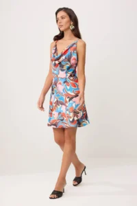 TRENDYOLMİLLA Mavi-Multicolored Abstract Patterned Mini Satin Weaving Dress - Image 2