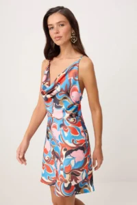 TRENDYOLMİLLA Mavi-Multicolored Abstract Patterned Mini Satin Weaving Dress - Image 3