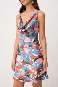 TRENDYOLMİLLA Mavi-Multicolored Abstract Patterned Mini Satin Weaving Dress - Image 4
