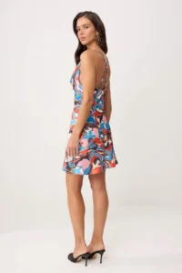 TRENDYOLMİLLA Mavi-Multicolored Abstract Patterned Mini Satin Weaving Dress - Image 5