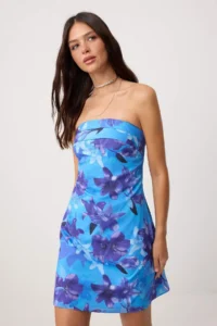 TRENDYOLMİLLA Mavi Floral Strapless Short / Mini Weaving Dress - Image 2