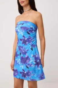 TRENDYOLMİLLA Mavi Floral Strapless Short / Mini Weaving Dress - Image 3