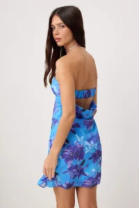 TRENDYOLMİLLA Mavi Floral Strapless Short / Mini Weaving Dress - Image 4