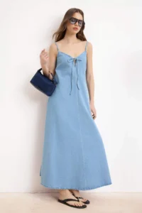 TRENDYOLMİLLA Mavi Tencel Blended Sleeveless Maxi DENIM Dress
