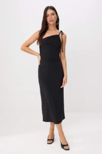 TRENDYOLMİLLA Black Floral A-line Asymmetric Yaka Sleeveless Shirred Maxi Flexible Lined Knitting Dress