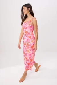 TRENDYOLMİLLA Multicolored Floral A-line Asymmetric Yaka Shirred Maxi Flexible Lined Knitting Dress