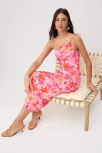 TRENDYOLMİLLA Multicolored Floral A-line Asymmetric Yaka Shirred Maxi Flexible Lined Knitting Dress - Image 2