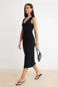 TRENDYOLMİLLA Black Plain bodycon V-neck Sleeveless Lace Detailed Maxi Flexible Lined Knitting Dress