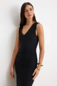 TRENDYOLMİLLA Black Plain bodycon V-neck Sleeveless Lace Detailed Maxi Flexible Lined Knitting Dress - Image 2