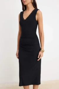 TRENDYOLMİLLA Black Plain bodycon V-neck Sleeveless Lace Detailed Maxi Flexible Lined Knitting Dress - Image 3